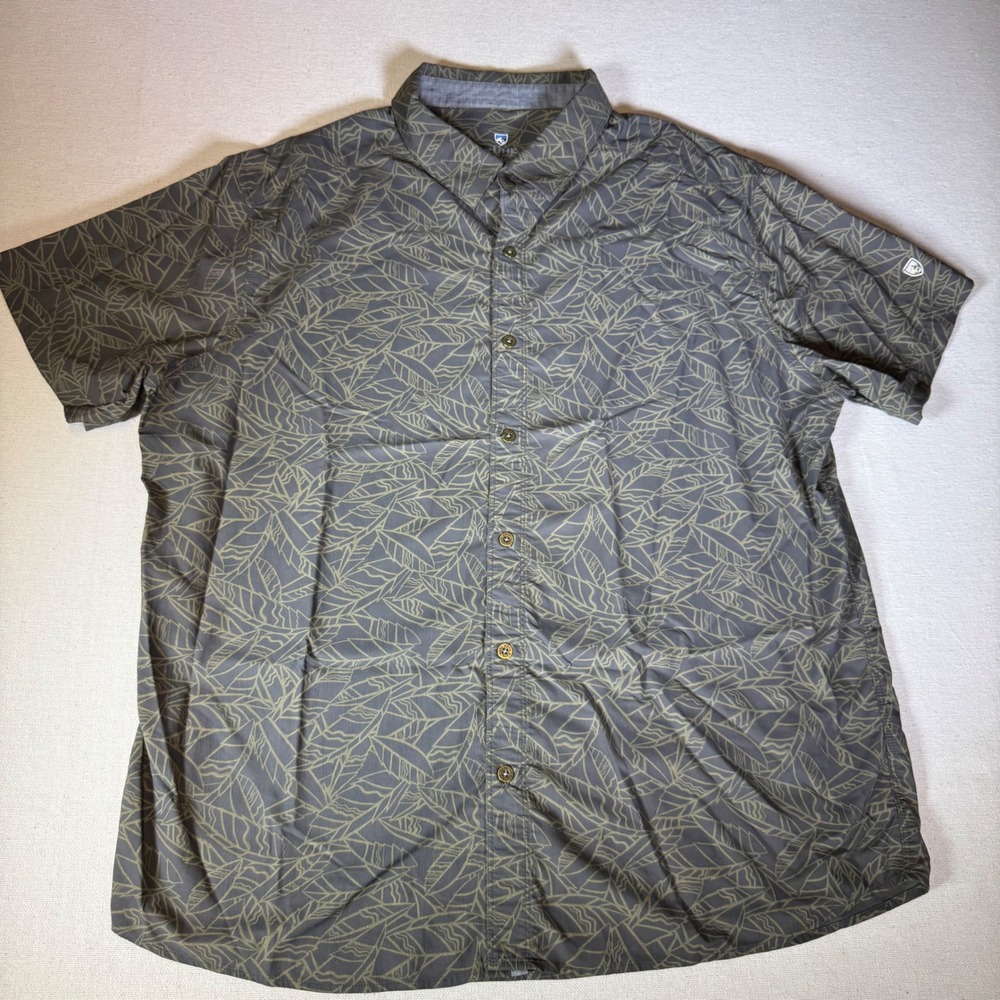 Kuhl Response AOP Leaf Print Short Sleeve Shirt Mens Large Performance Green